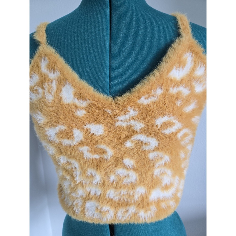 Forever 21 Crop Top Womens Large Yellow Fuzzy Animal Print Sleeveless Camisole